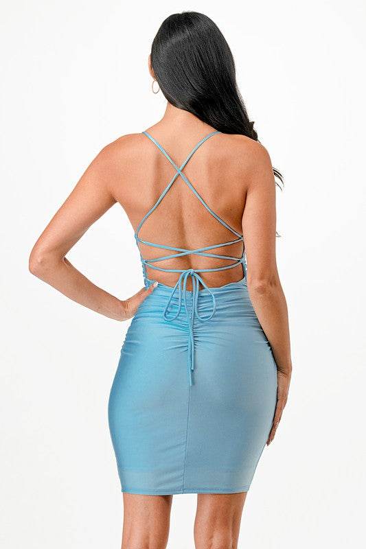 Back lace up short dress with waist shirring