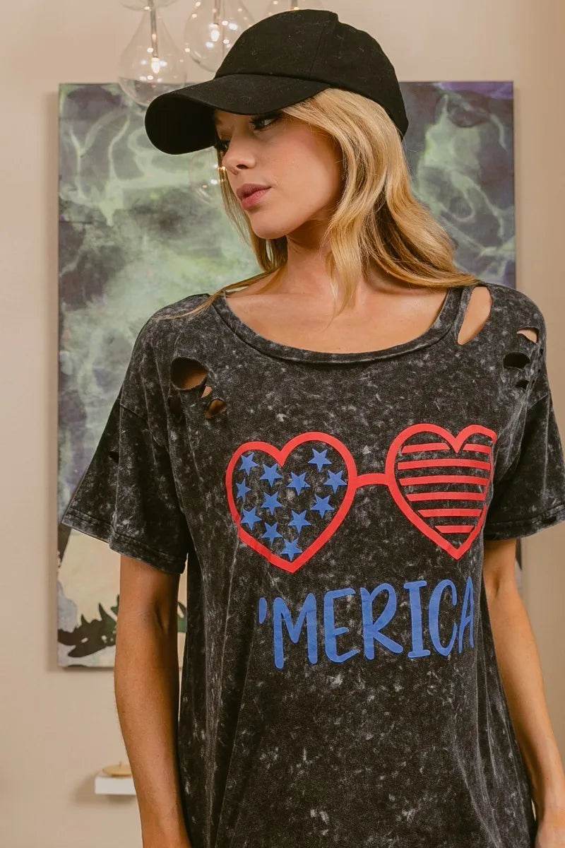 BiBi 4th Of July Theme Mineral Washed Laser Cut Top