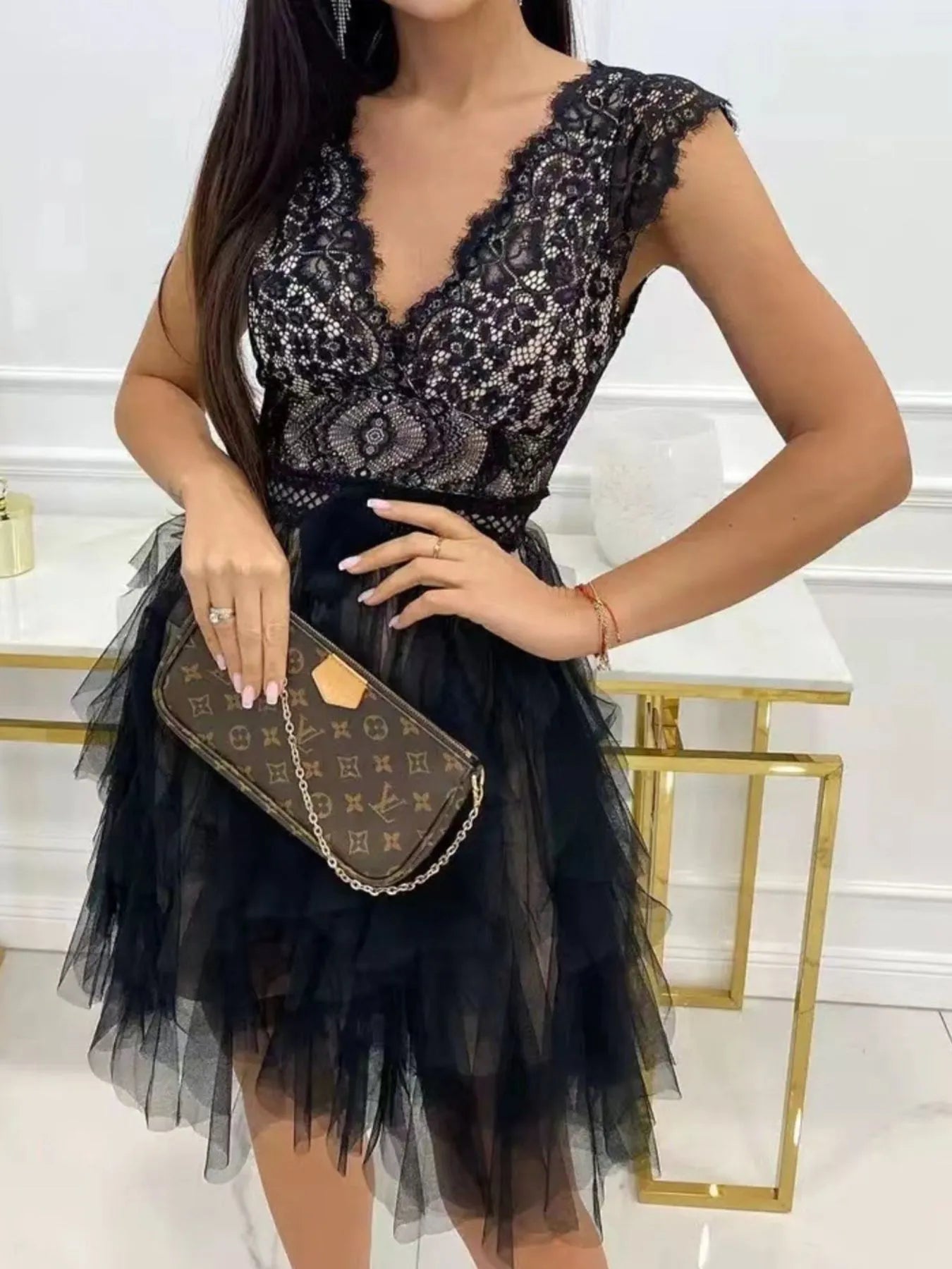 Lace V-Neck Ruffle Dress