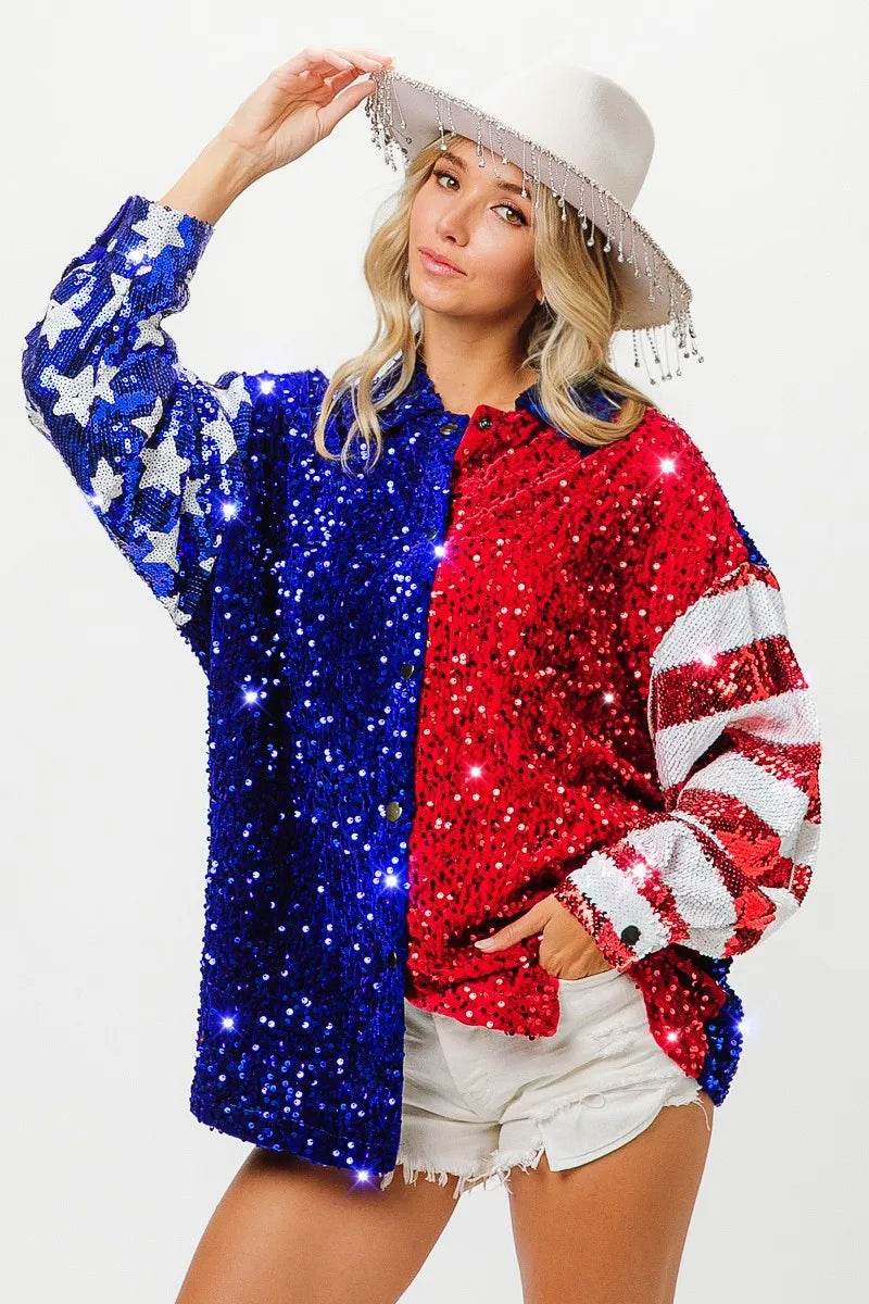 BiBi American Flag Sequin Snap Down Shirt