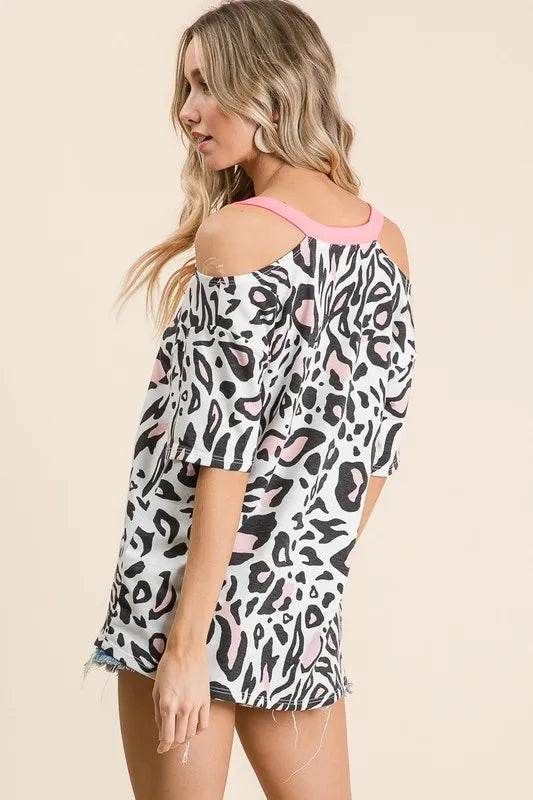 BiBi Leopard Print Top with Shoulder Cut Out