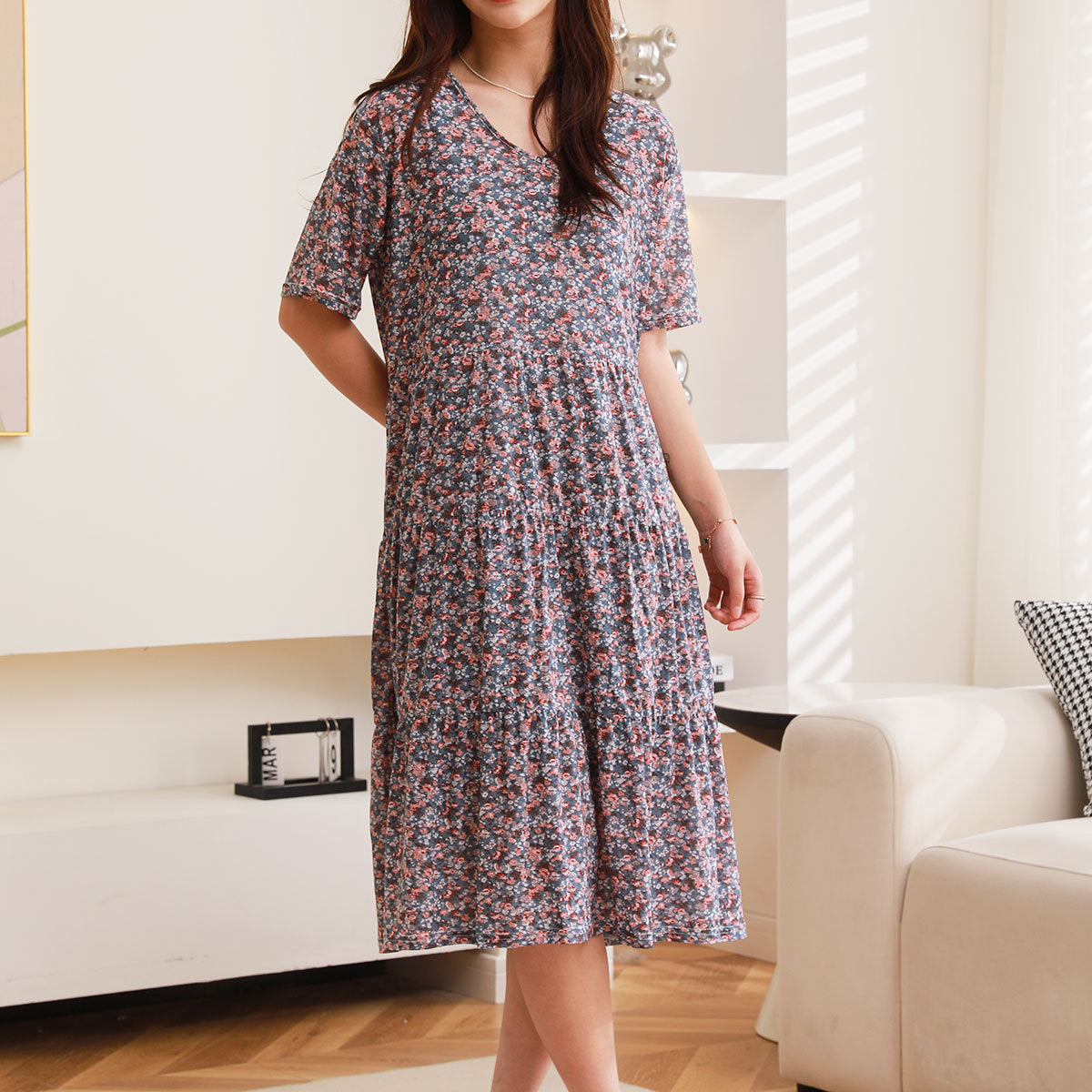 Comfortable Nightdress Women's Short Sleeve Floral Slimming Dress