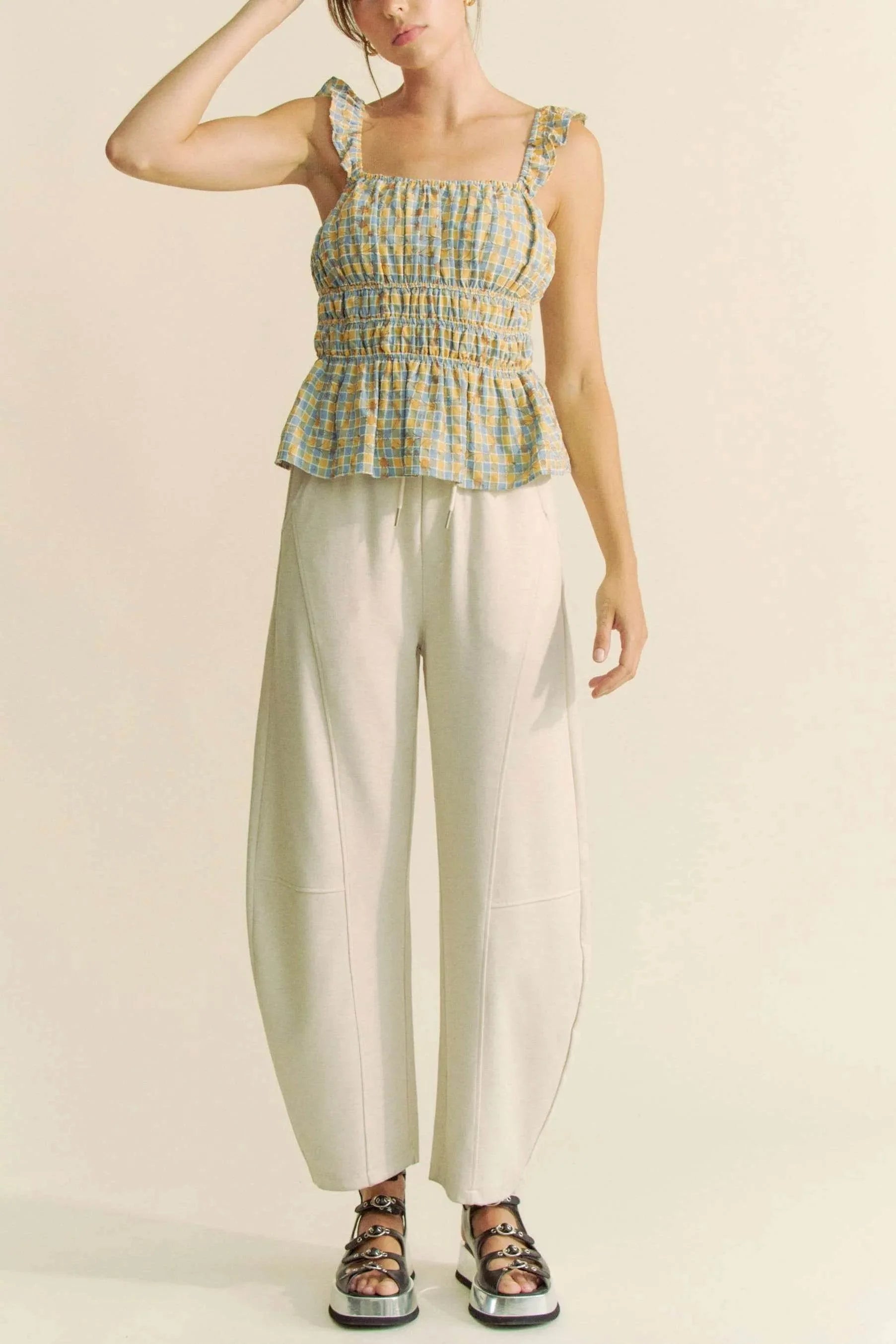 Davi & Dani Plaid Ruffled Strap Smocked Sleeveless Top