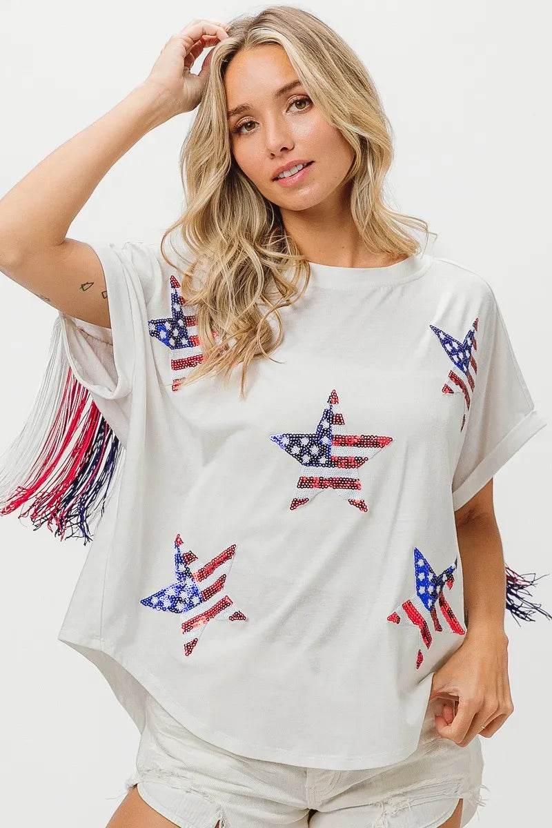 BiBi American Flag Sequin Star Fringe Top