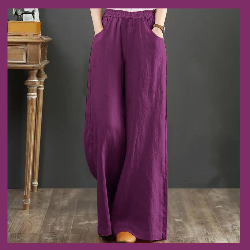 Pure Linen Plus Size Wide Leg Pants Women Drawstring Elastic