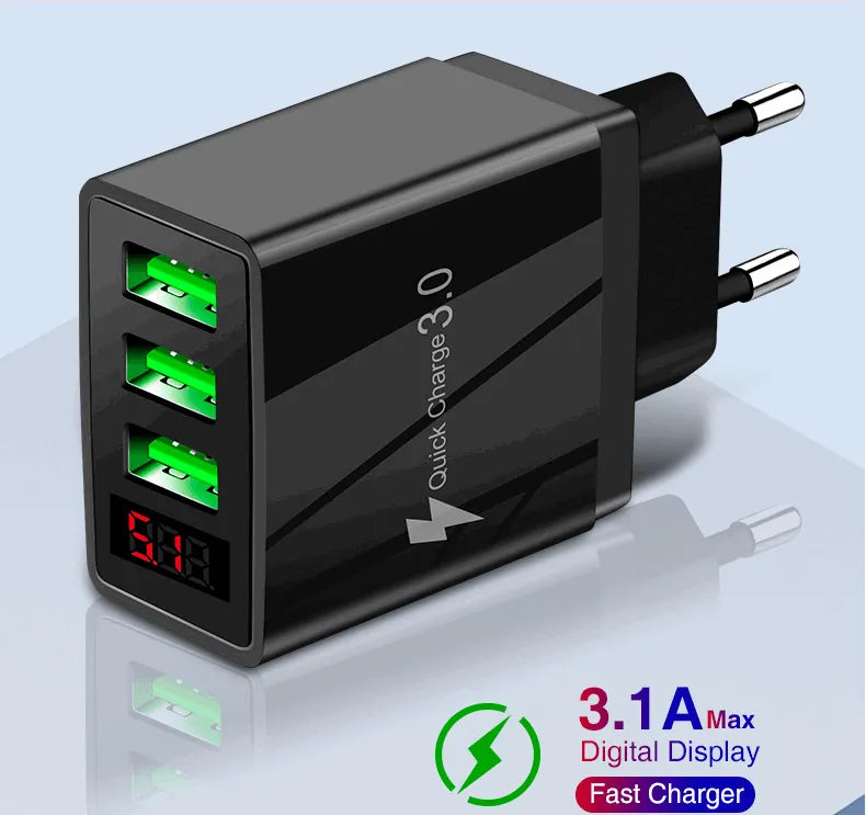 3-Port USB Quick Wall Charger with LED Voltage Display - Safe & Fast Charging