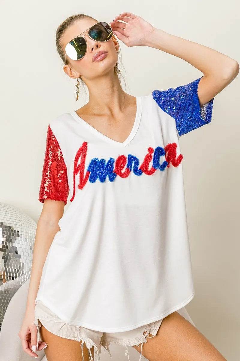 BiBi Metallic Letter V-neck Sequin Sleeves Top