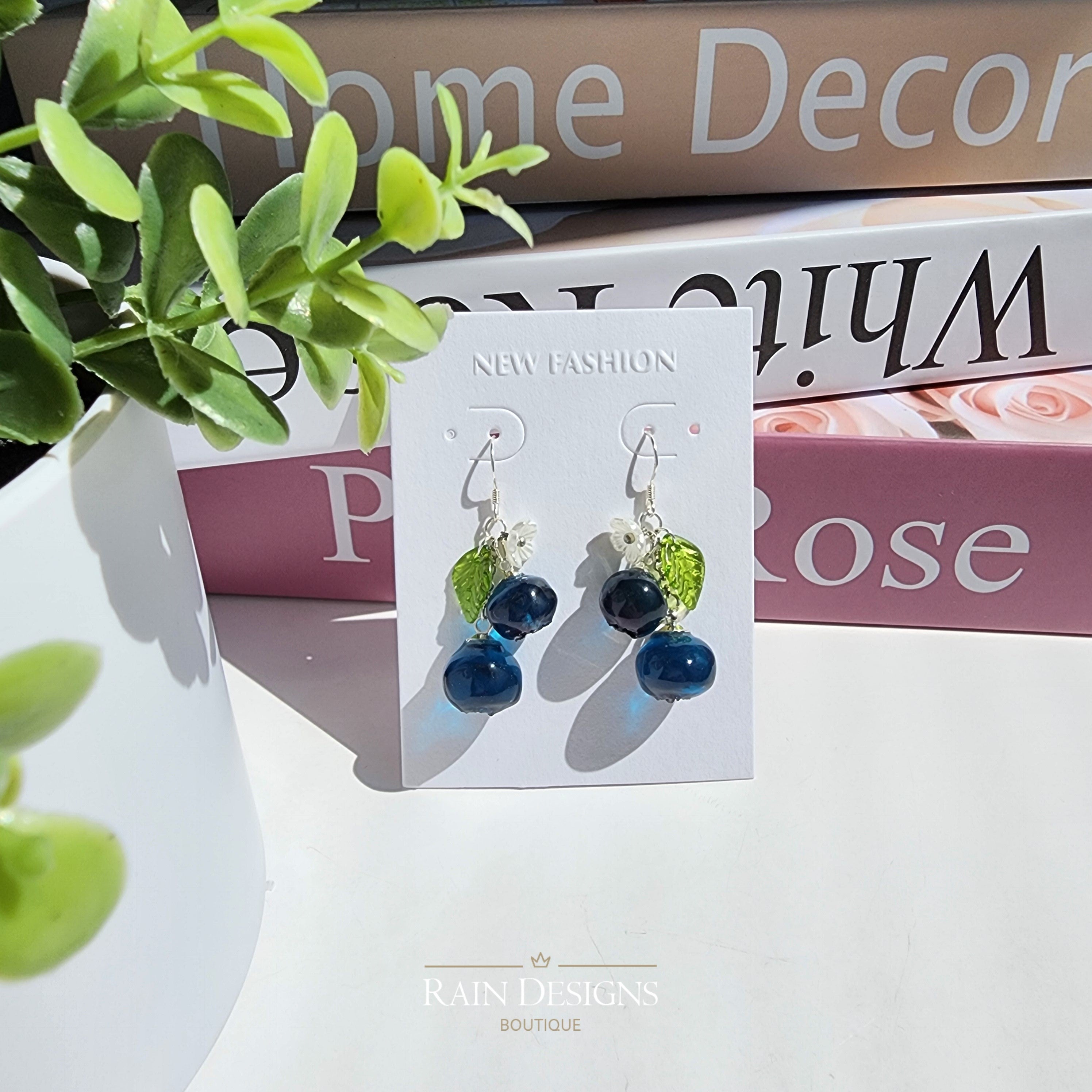 Blueberry Dangle Earrings| Handmade Resin Blueberry Cluster Fruit Earrings