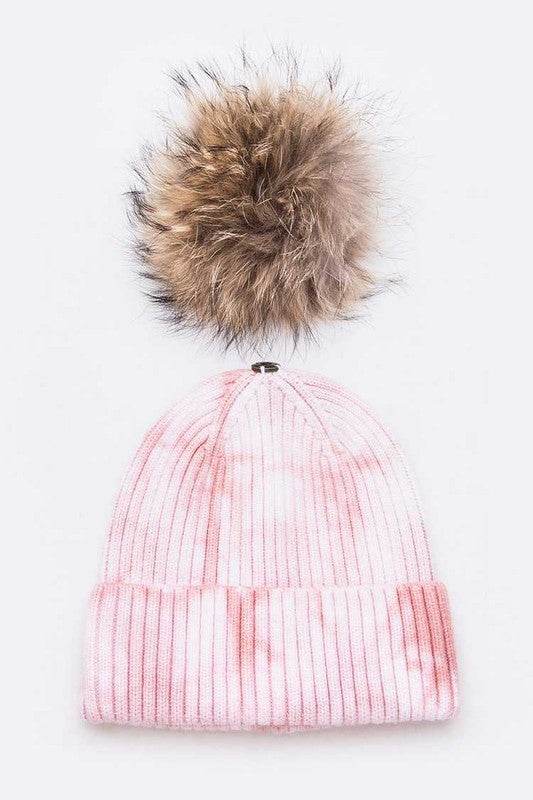 Large Genuine Fur Pom Tie Dyed Beanie