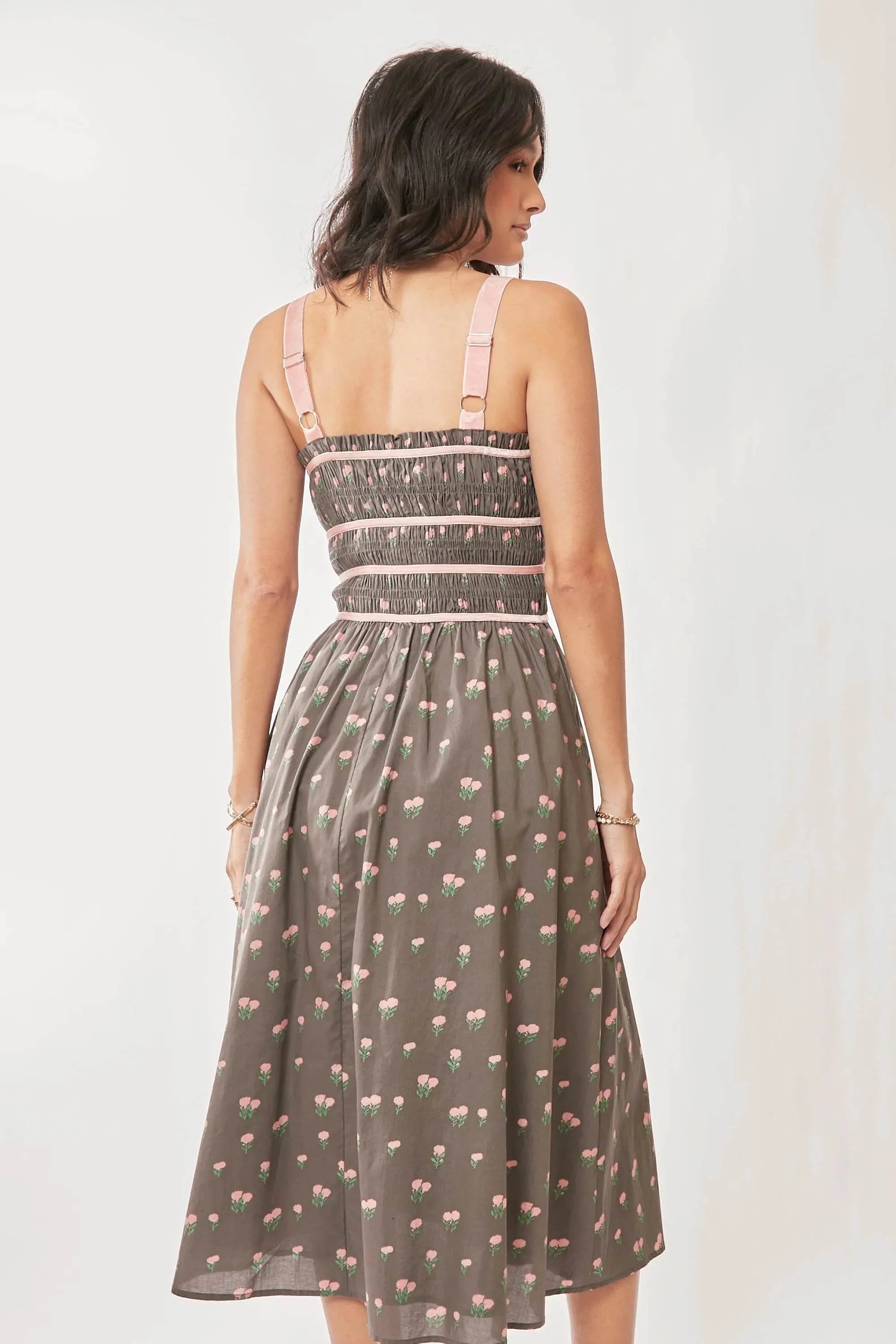 Davi & Dani Contrast Velvet Tape Smocking Bodice Midi Dress