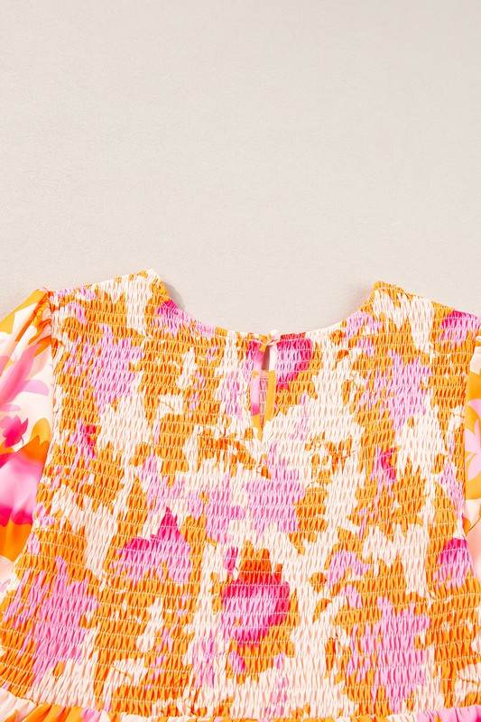 Abstract Smocked Bust Lantern Ruffle Mini Dress