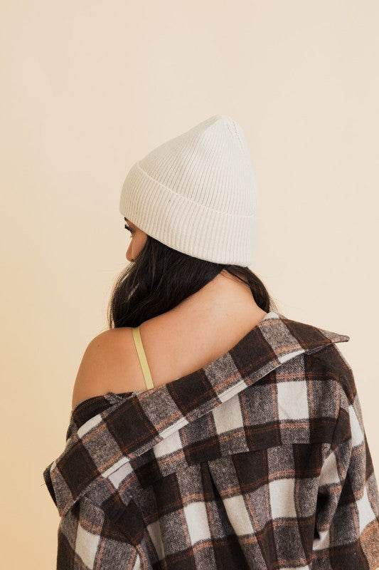 Happy Face Embroidered Ribbed Knit Beanie