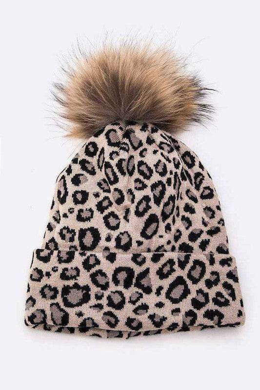 Genuine Fur Pom Soft Leopard Beanie