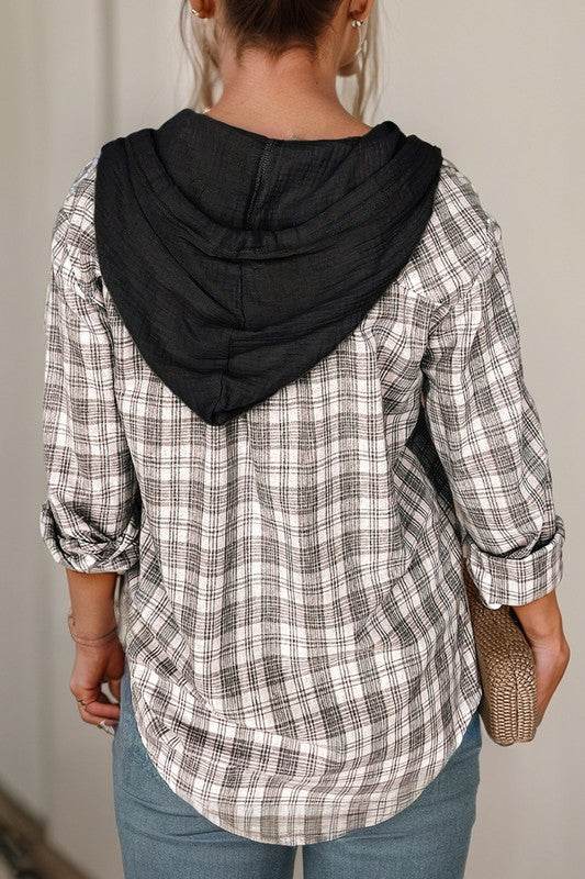 Checkered Print Hooded Patchwork Loose Fit Shacket