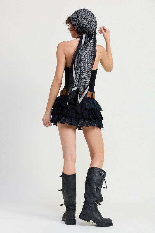 MINI BELTED TIERED EYELET HALTER DRESS