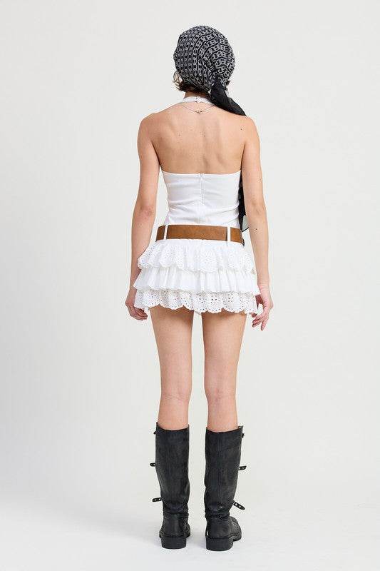 MINI BELTED TIERED EYELET HALTER DRESS