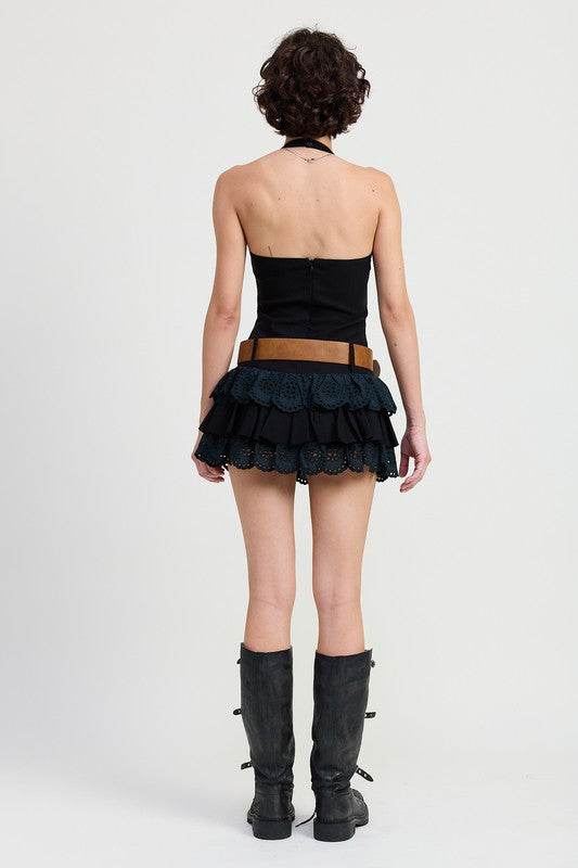 MINI BELTED TIERED EYELET HALTER DRESS