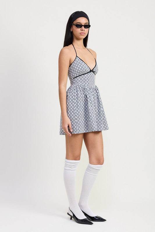 GINGHAM HALTER NECK MINI DRESS
