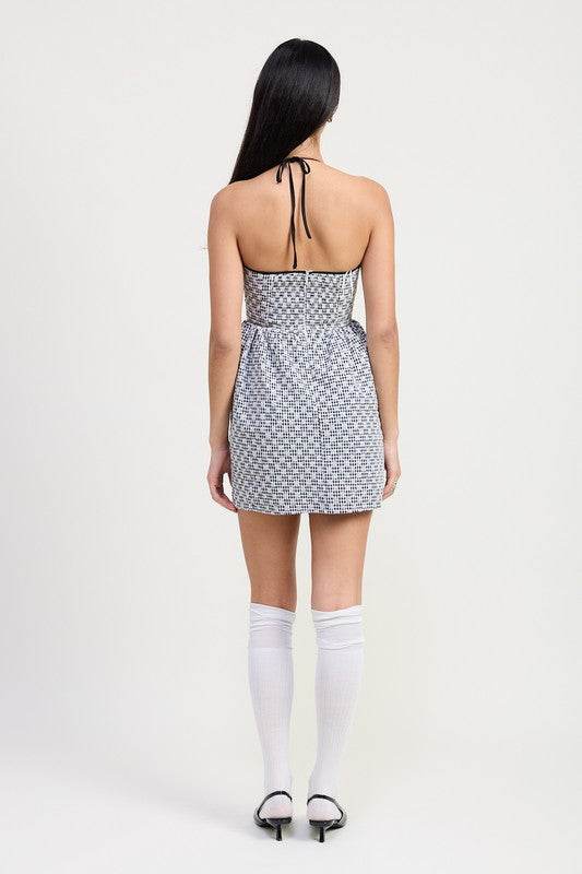 GINGHAM HALTER NECK MINI DRESS