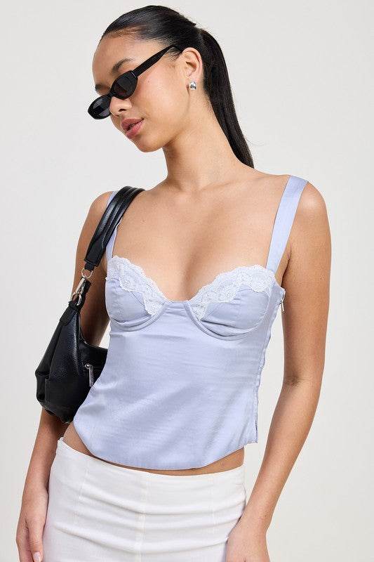 SATIN BUSTIER TOP WITH LACE DETAIL