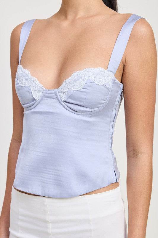 SATIN BUSTIER TOP WITH LACE DETAIL