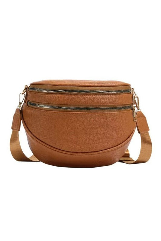 Luxe Curve Vegan Leather Sling – Double Zip Crescent Crossbody