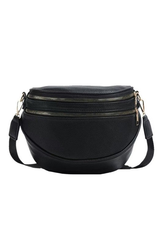 Luxe Curve Vegan Leather Sling – Double Zip Crescent Crossbody