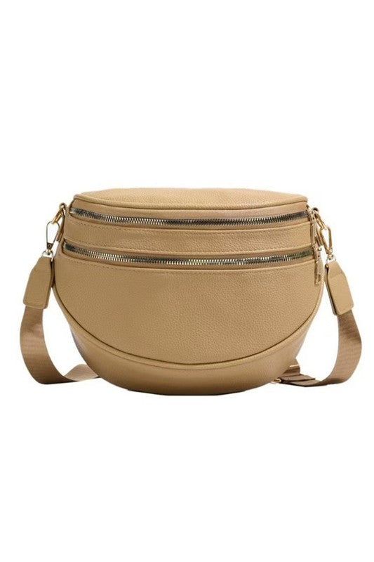 Luxe Curve Vegan Leather Sling – Double Zip Crescent Crossbody
