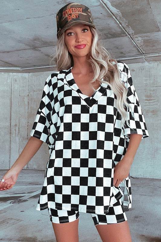 Checkerboard V Neck Tee and Shorts Lounge Set