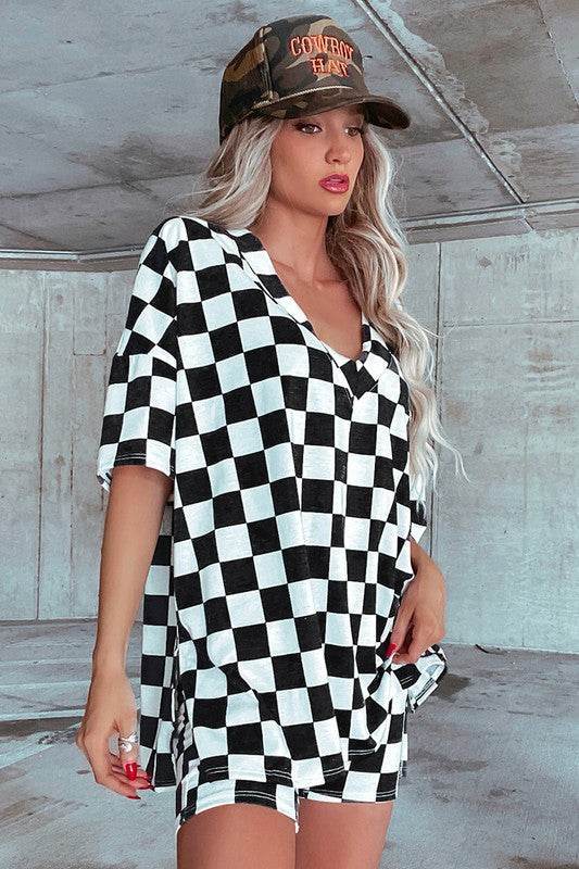 Checkerboard V Neck Tee and Shorts Lounge Set