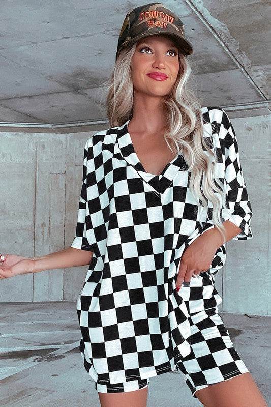 Checkerboard V Neck Tee and Shorts Lounge Set