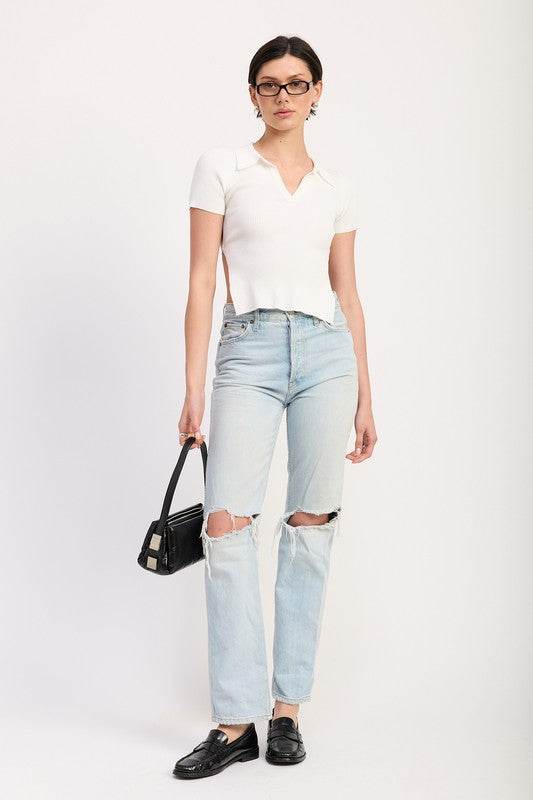 COLLARED SHORT SLEEVE TOP WITH OPEN BACK