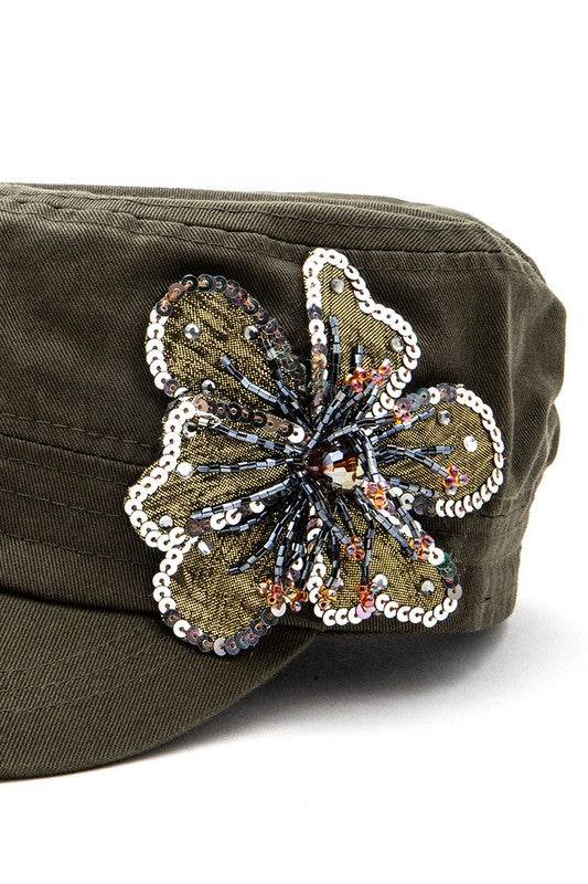 Sequins Beaded 3D Flower Statement Cadet Hat
