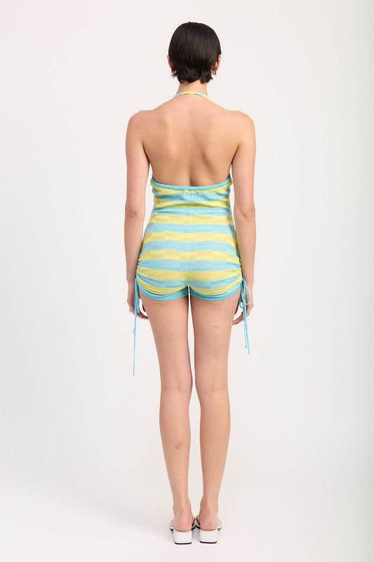 STRIPED KNIT HALTER NECK ROMPER WITH DRAWSTRINGS