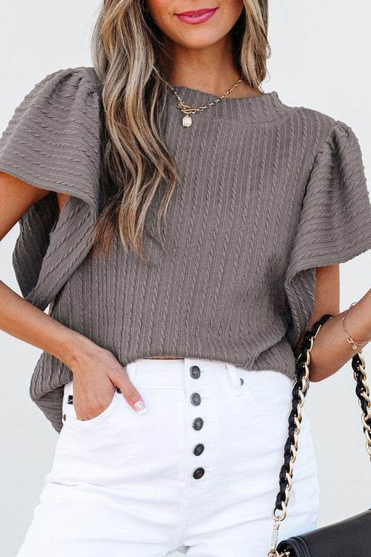 Solid Color Textured Flutter Sleeve Top