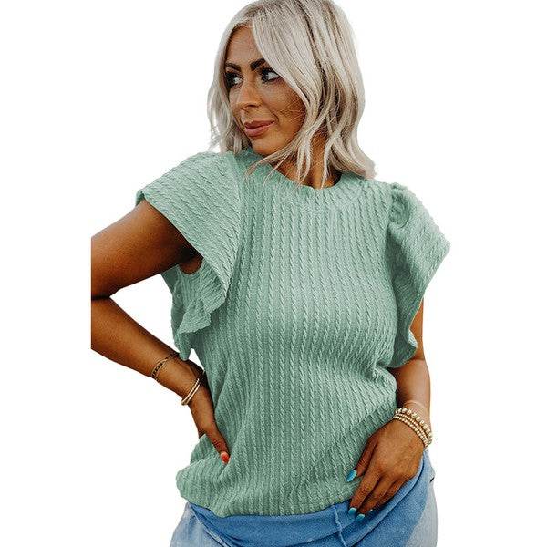 Solid Color Textured Flutter Sleeve Top