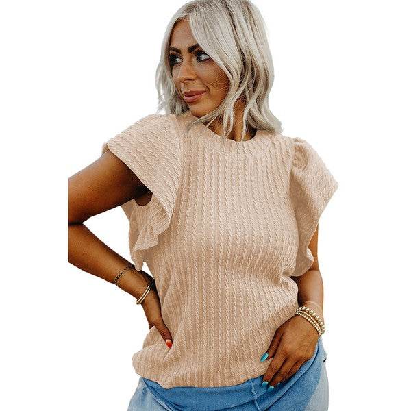 Solid Color Textured Flutter Sleeve Top