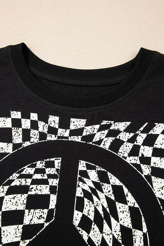Checkerboard Peace Sign Printed Round Neck T Shirt