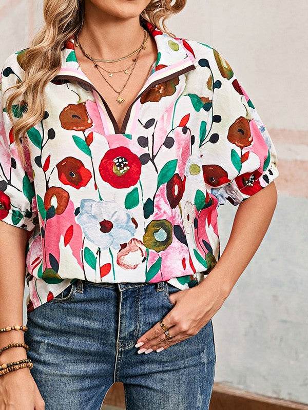 Floral Boho Shirred Bubble Viscose Stripe Blouse
