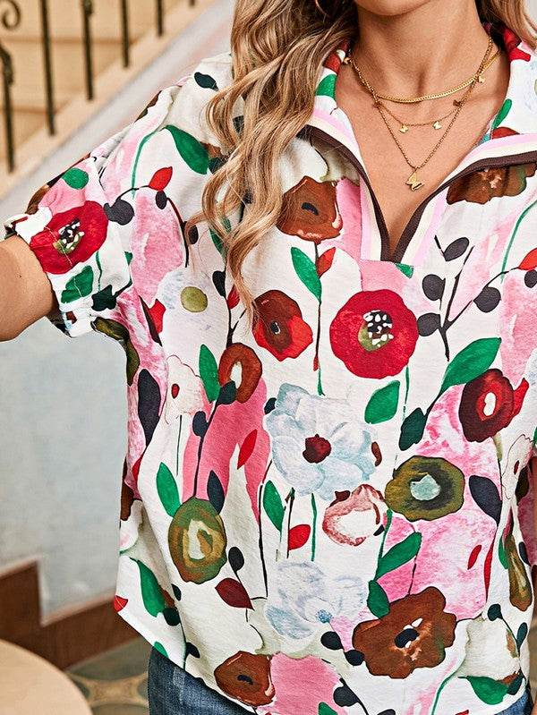 Floral Boho Shirred Bubble Viscose Stripe Blouse