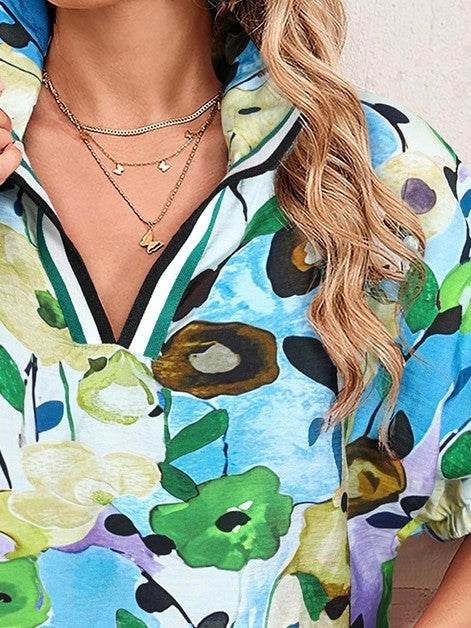 Floral Boho Shirred Bubble Viscose Stripe Blouse