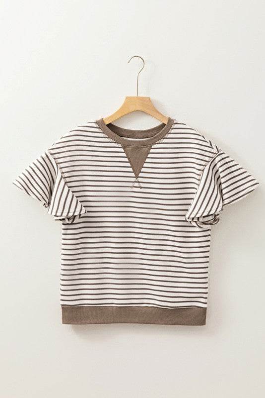 Striped Ruffle Sleeve Round Neck Cotton Top