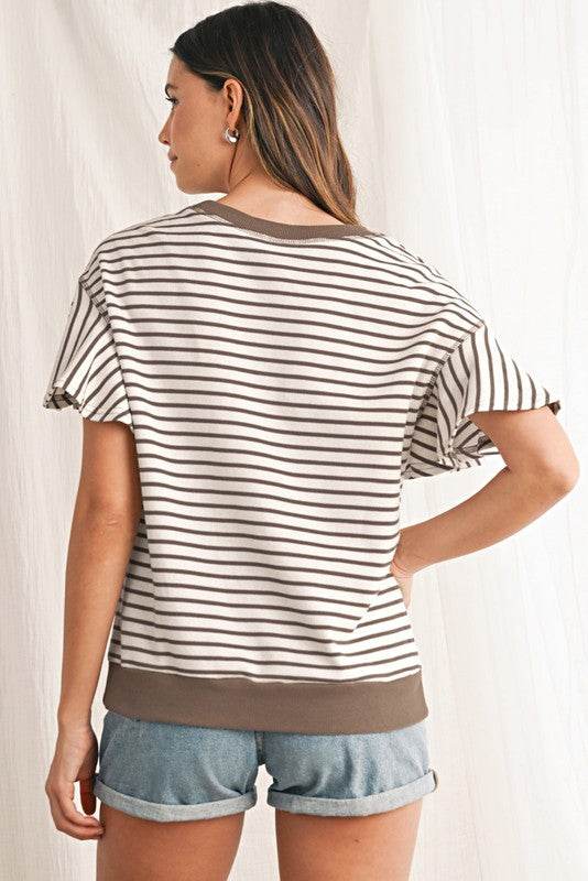 Striped Ruffle Sleeve Round Neck Cotton Top