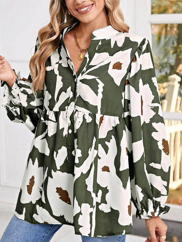 60s Flower Frill Neck Loose Blouse