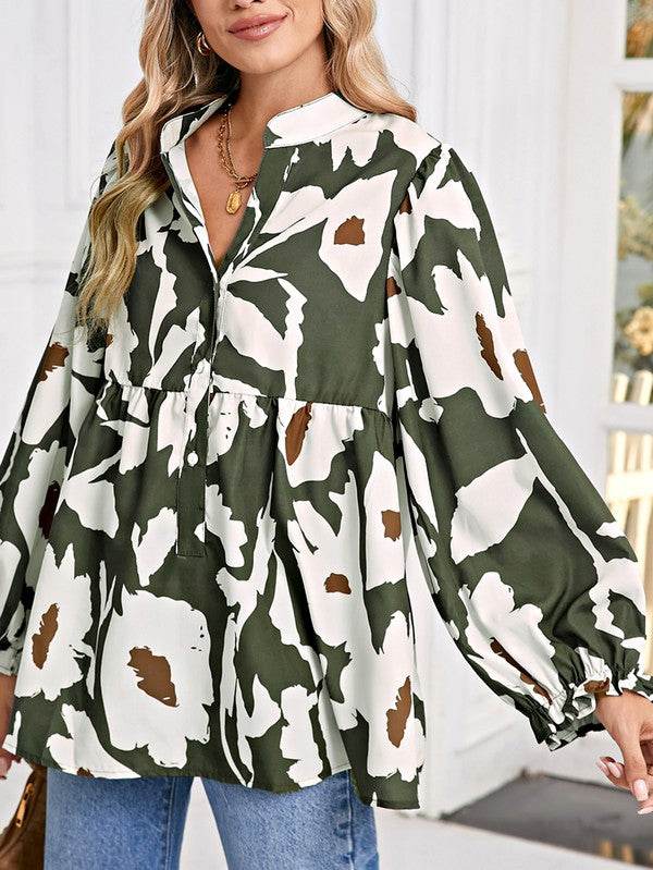 60s Flower Frill Neck Loose Blouse