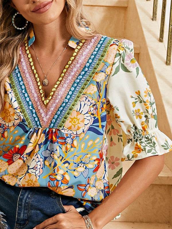 Multicolour Half Sleeve Boho Floral  Blouse