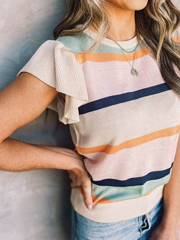 Striped Colorblock Flutter Sleeve Knit Top