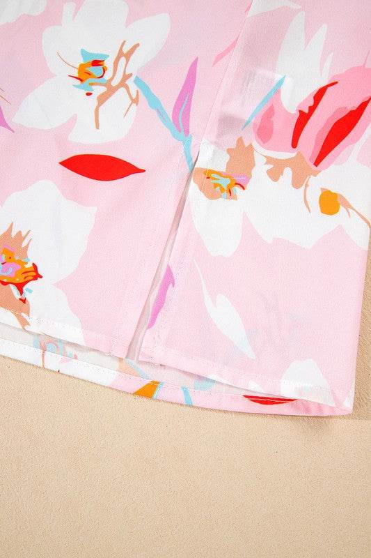 Floral Patchwork Frill Notched Neck Ruffle Blouse