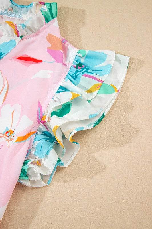 Floral Patchwork Frill Notched Neck Ruffle Blouse