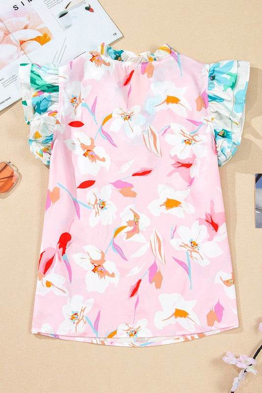 Floral Patchwork Frill Notched Neck Ruffle Blouse